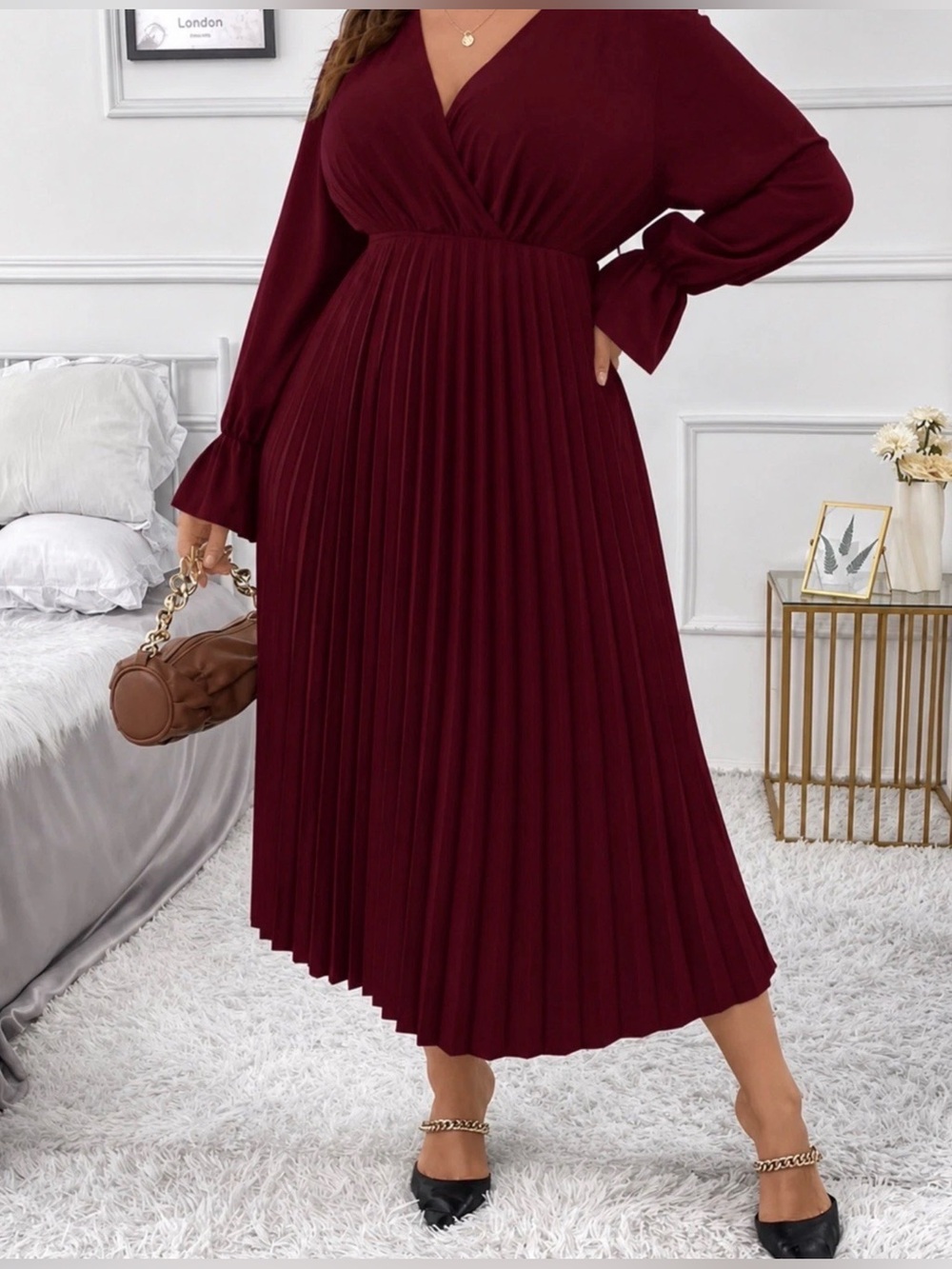 SHEIN CURVE 4XL Burgundy Pleated V-Neck Maxi Dress Long Sleeve Fall Elegant,